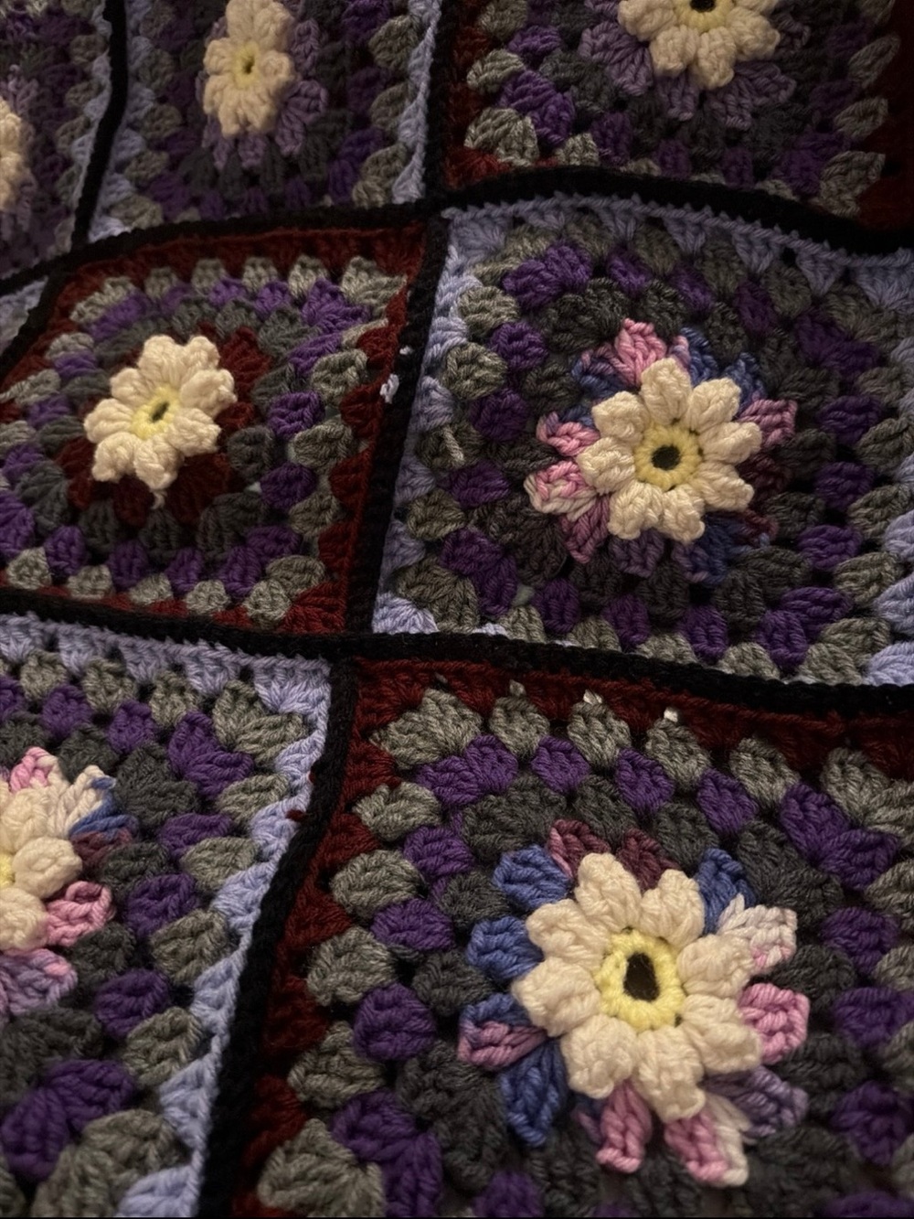 Hand-Crocheted Granny Square 3D Flower Purple Blue Maroon Boho Handmade